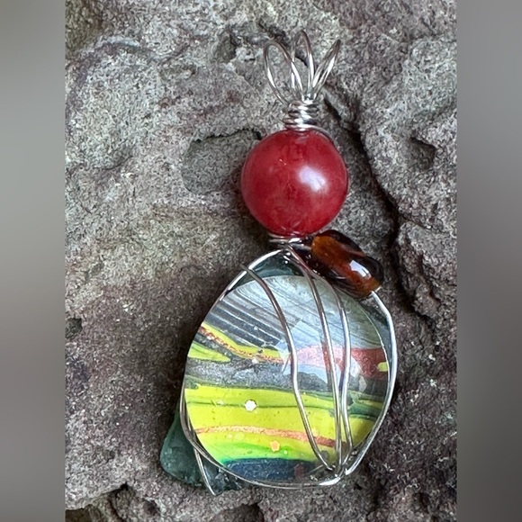Art Glass Pendant Hand Painted Cabochon, Beaded, Wire Wrapped Handmade  4226 Y - Picture 11 of 11